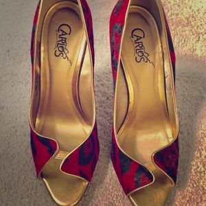 Carlos Santana Red & Black Suede Open Toe heels